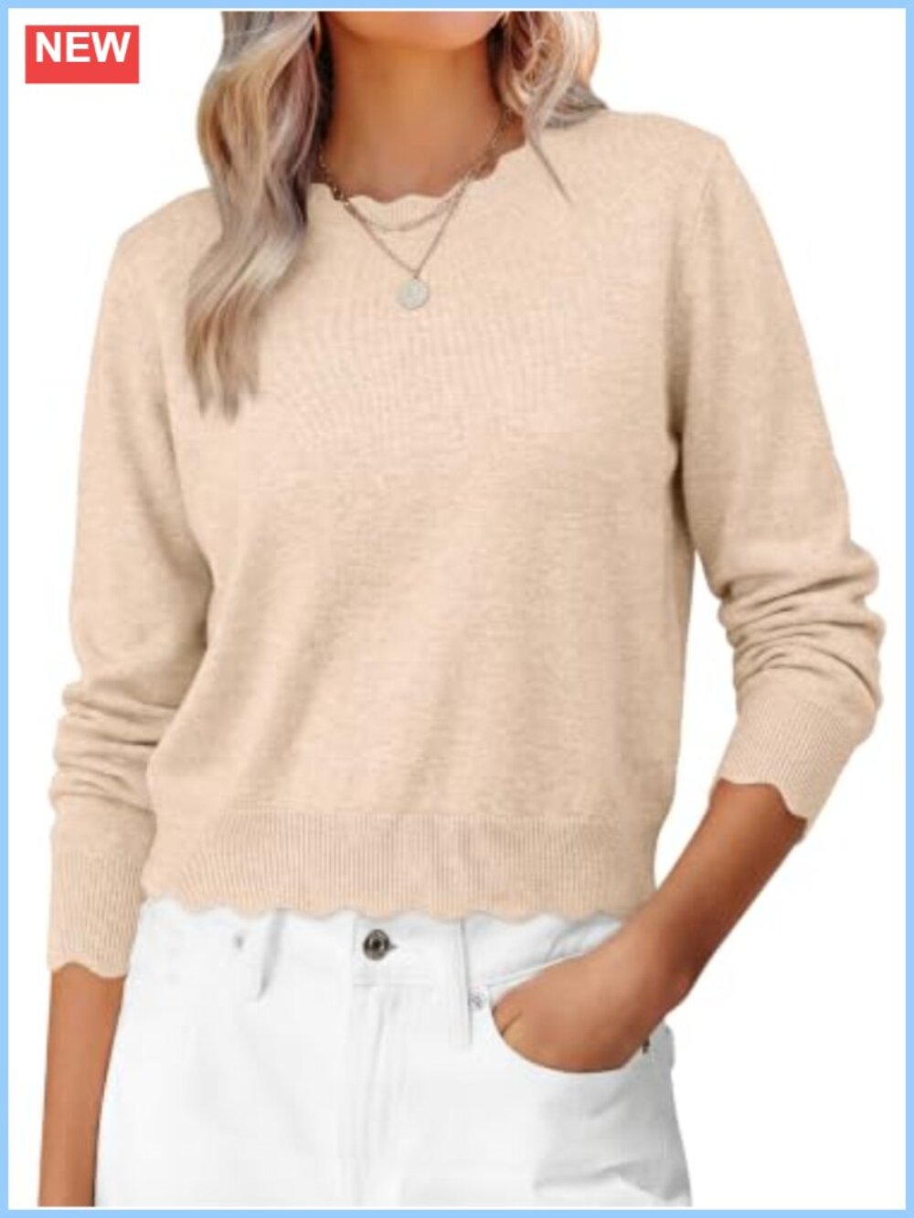 Womens Ribbed Knit Pullover Sweater Lightweight Scallop Edge Long Sleeve